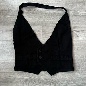 Double Breasted Black Denim Halter Neck Cotton Vest